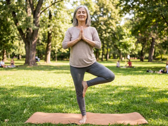 Senior woman practicing yoga tree pose outdoors in sunny park, mindfulness meditation, healthy aging and relaxation concept, lifestyle fitness and balance exercise in nature